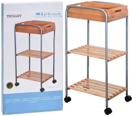 Bathroom Storage Trolley Bamboo And Metal Organizer With Shelves For Modern Bathroom.
